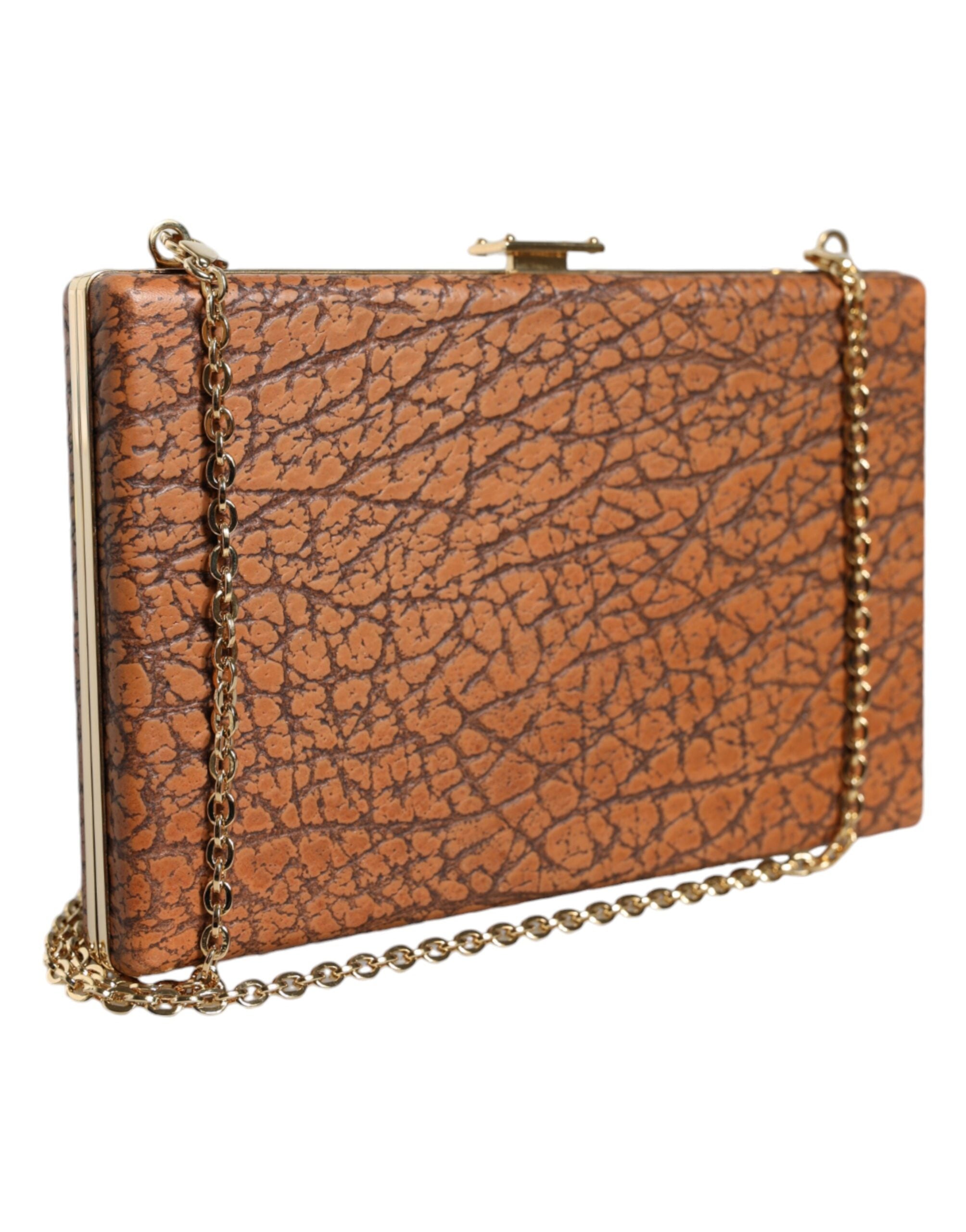 Hnědá kožená mini crossbody kabelka se zlatým rámem