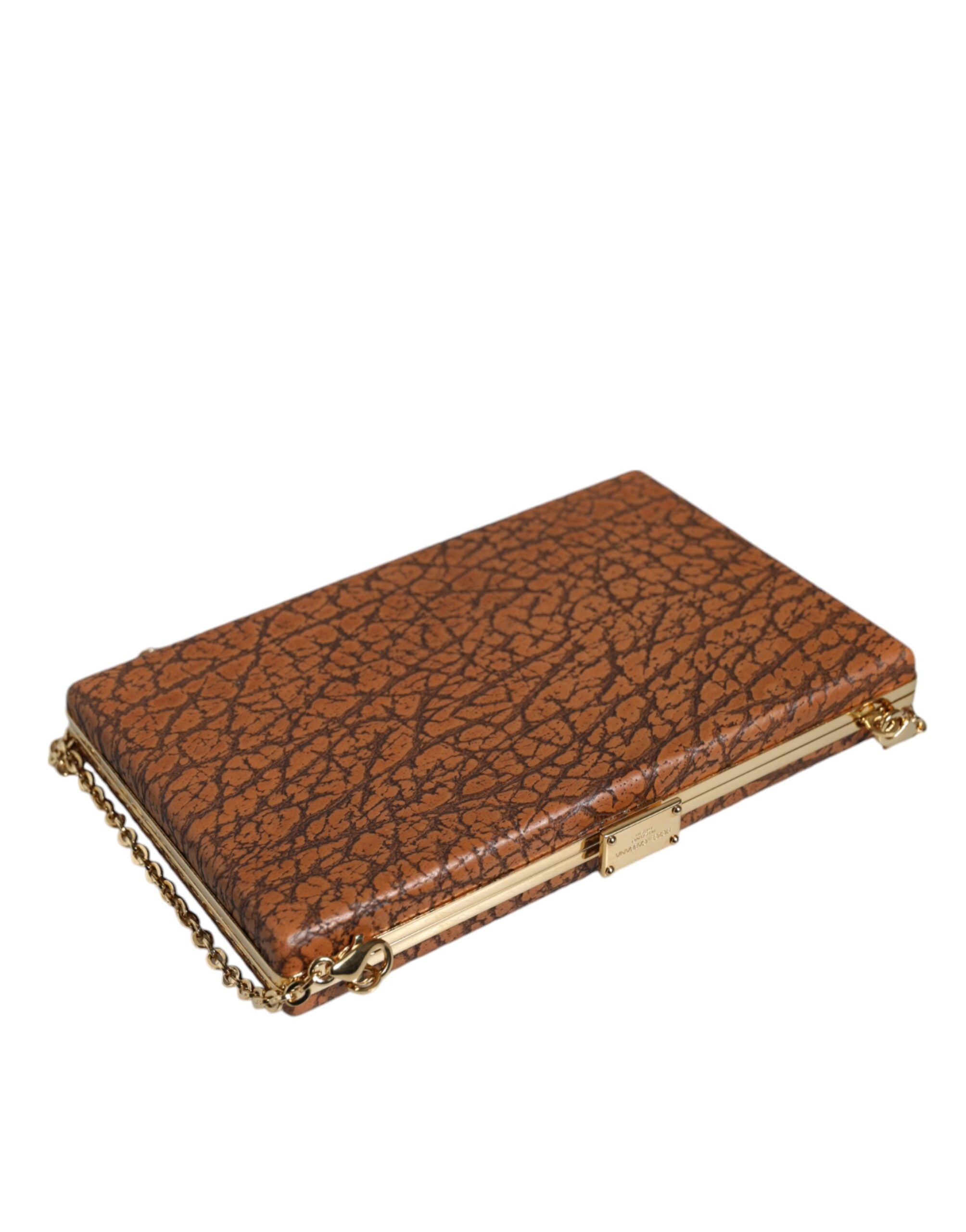 Hnědá kožená mini crossbody kabelka se zlatým rámem