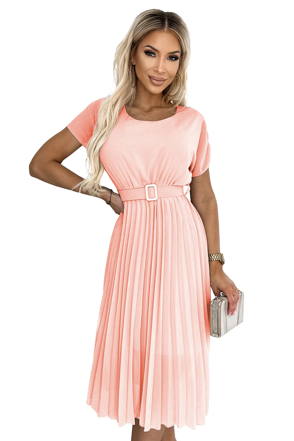 MIA Pleated midi dress with a wide belt – Peach