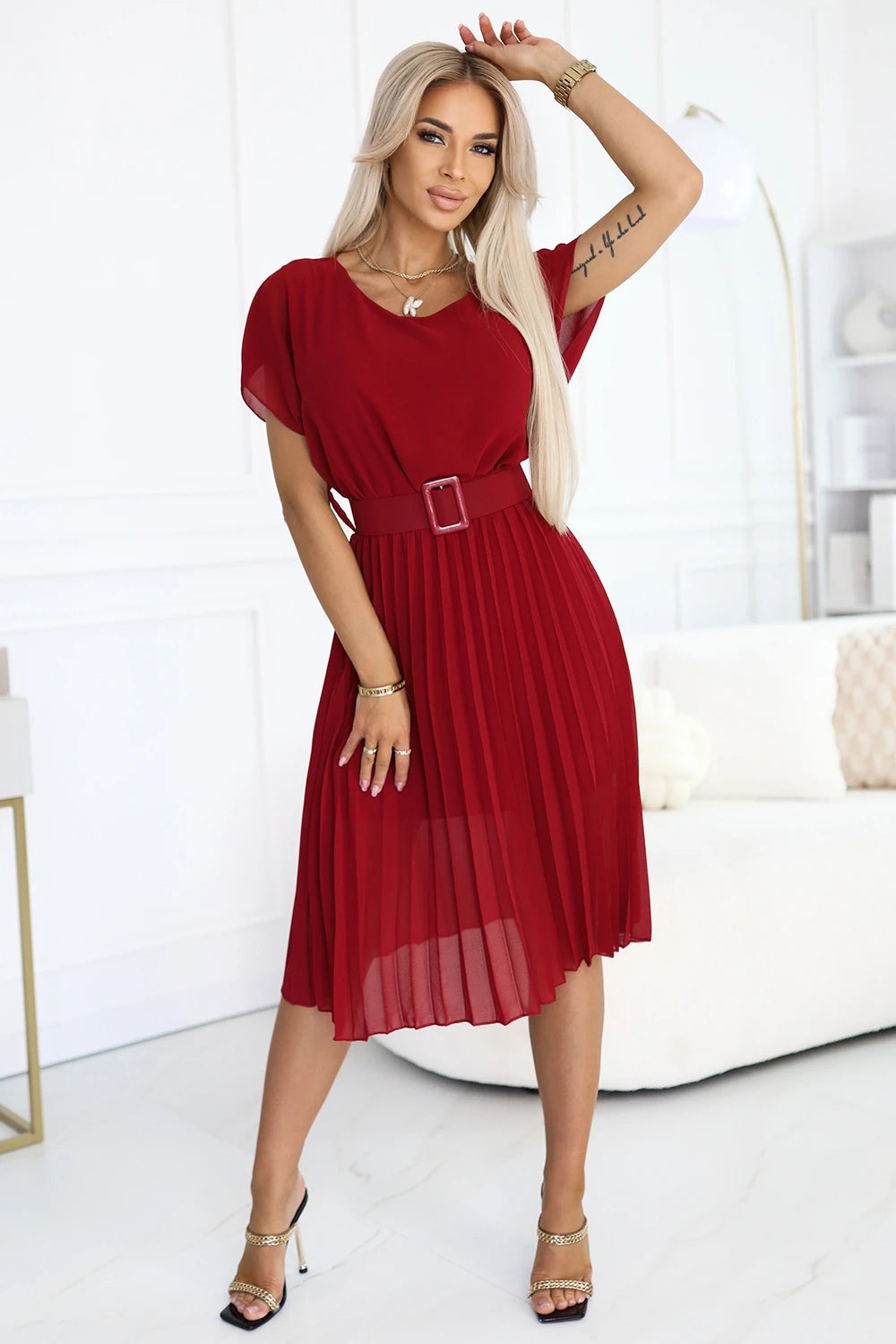 MIA Pleated Chiffon Midi Dress with Wide Belt – Burgundy