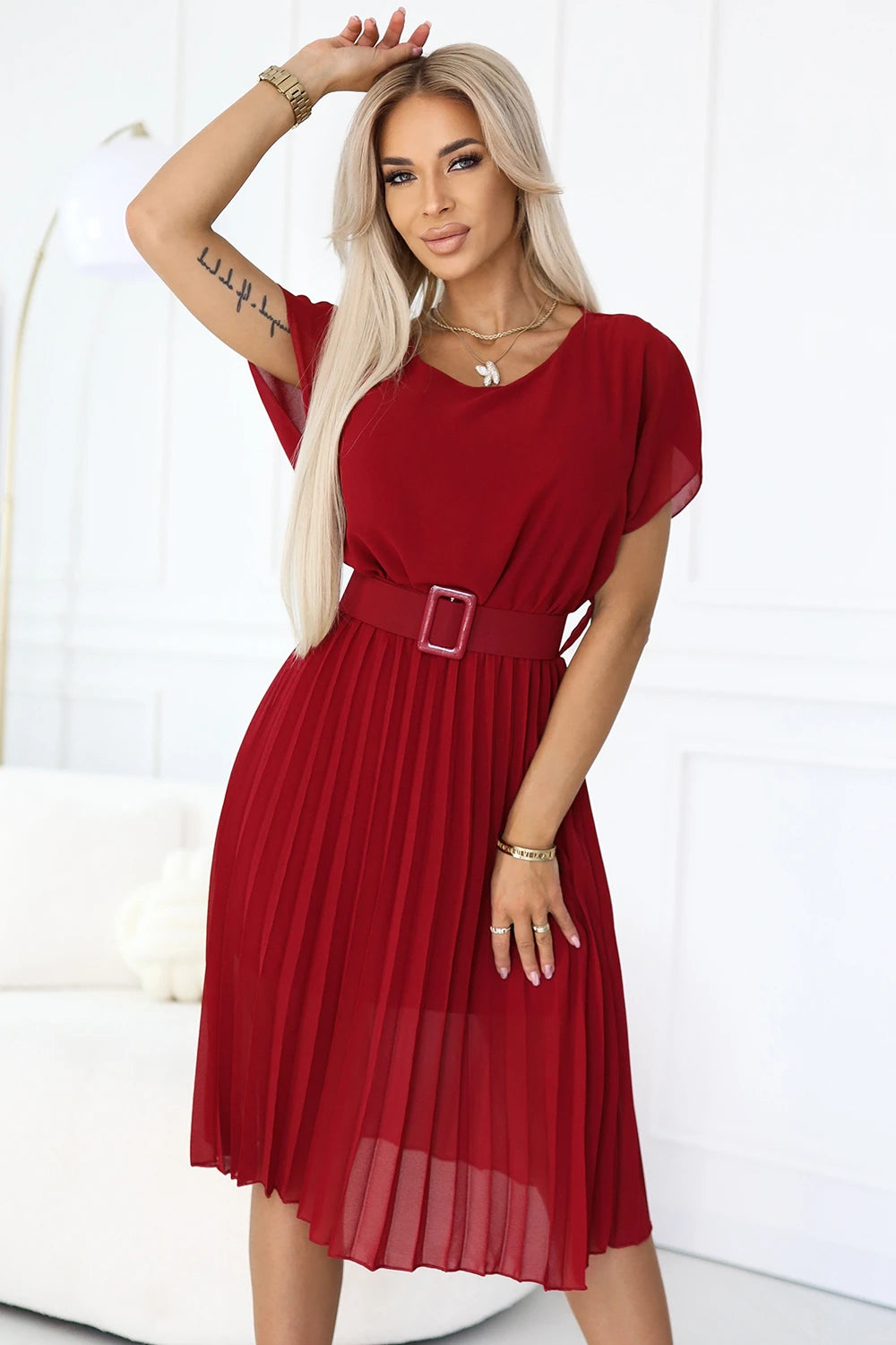 MIA Pleated Chiffon Midi Dress with Wide Belt – Burgundy
