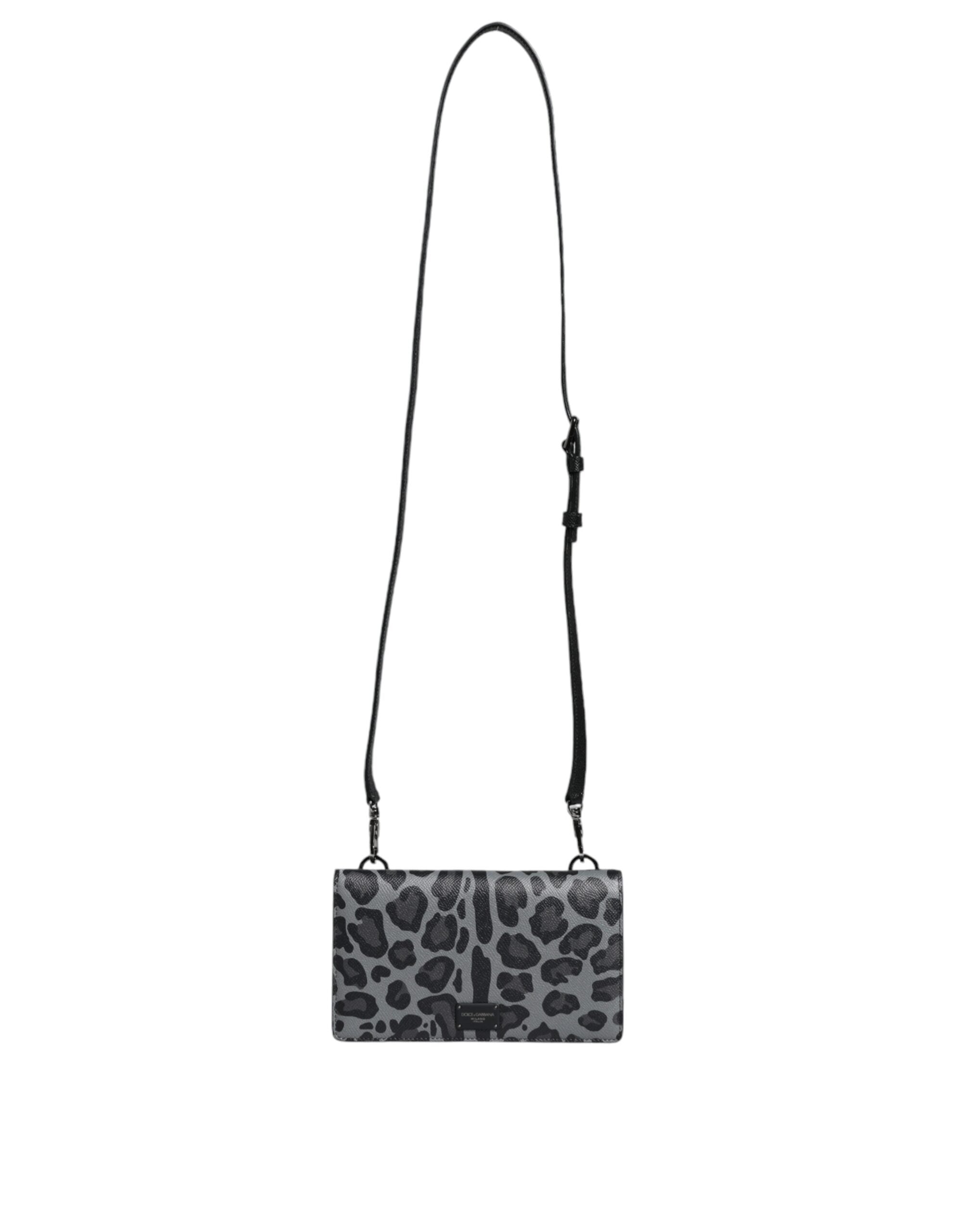 Černá a šedá leopardí kožená crossbody kabelka s přihrádkou na karty