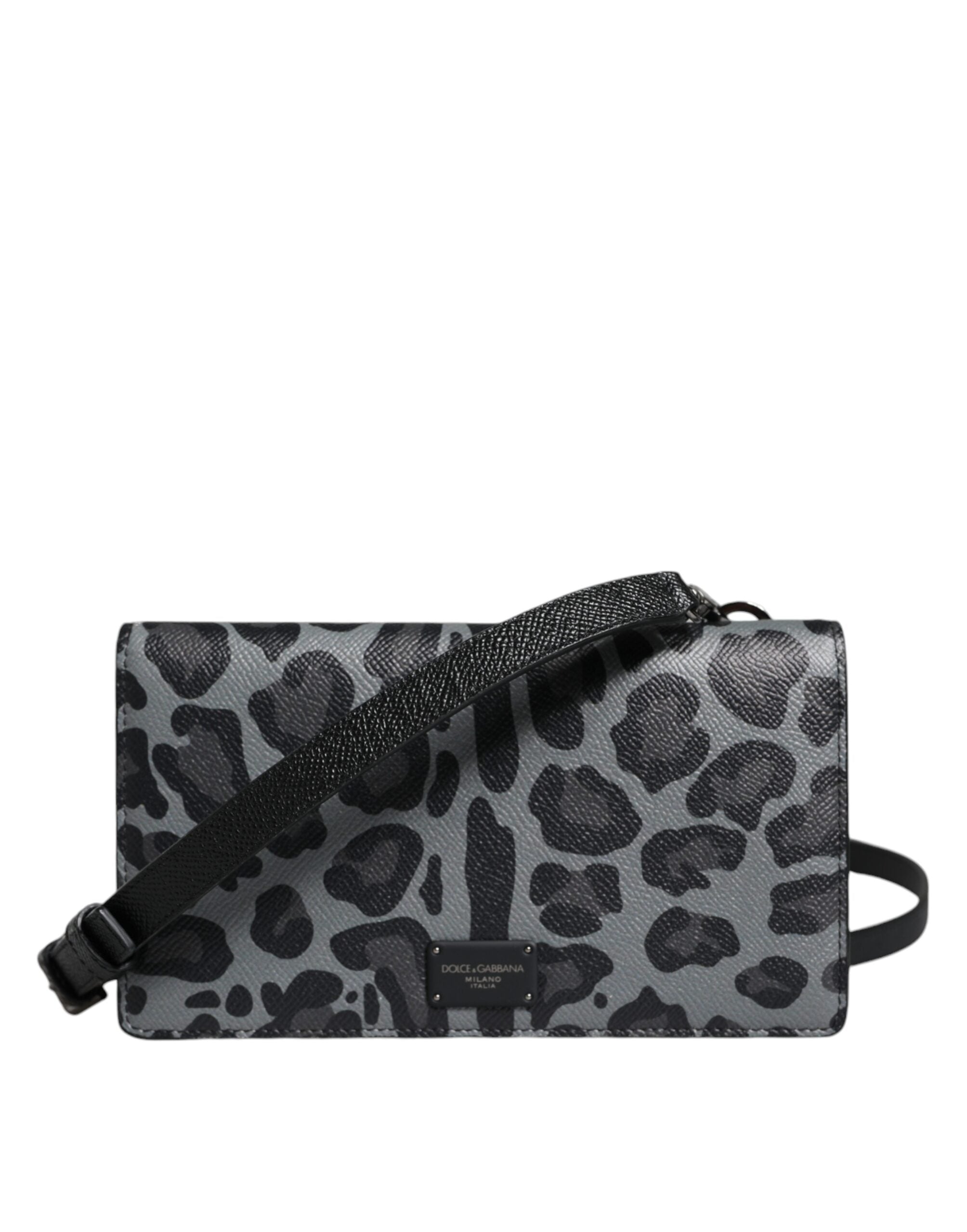 Černá a šedá leopardí kožená crossbody kabelka s přihrádkou na karty