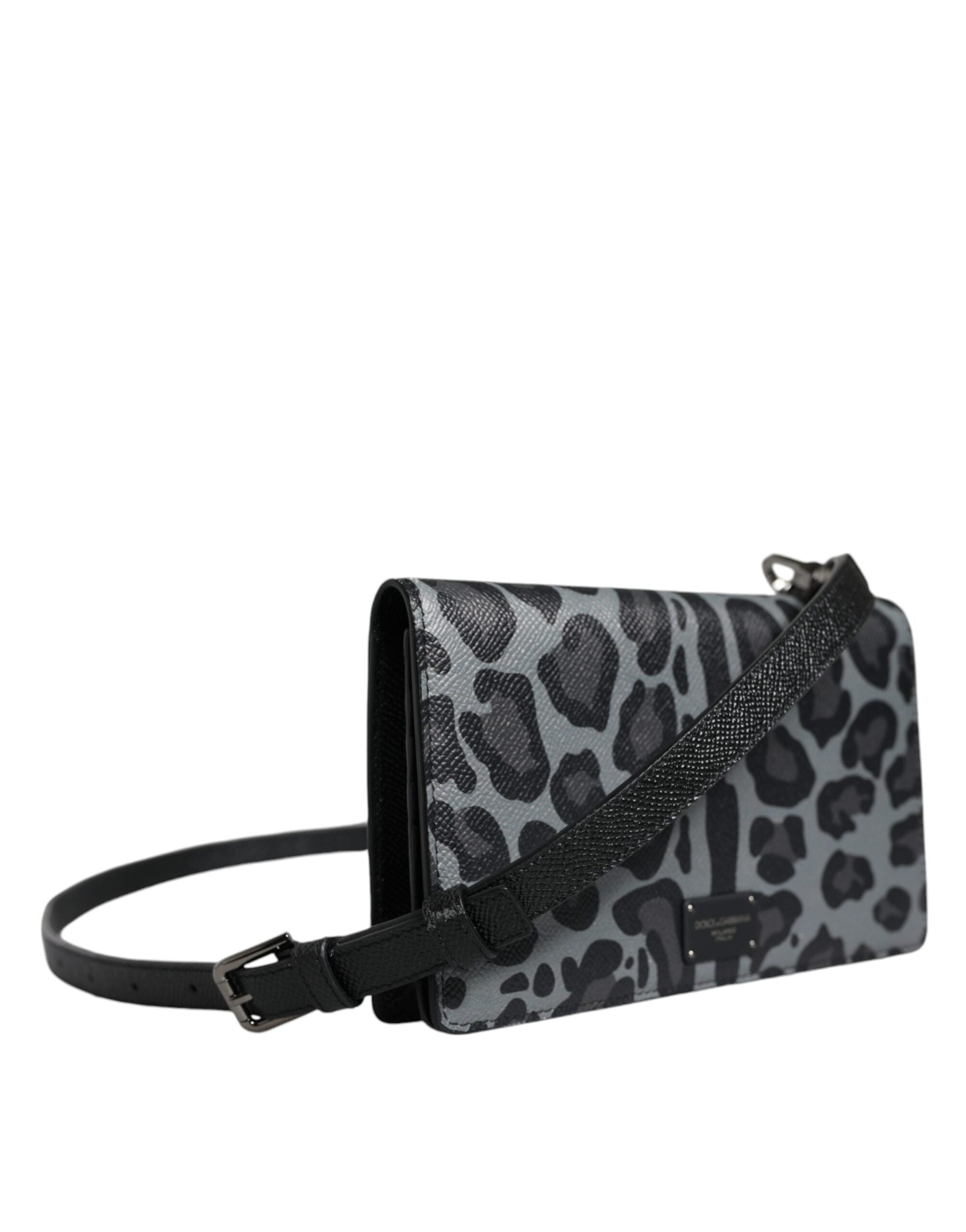 Černá a šedá leopardí kožená crossbody kabelka s přihrádkou na karty