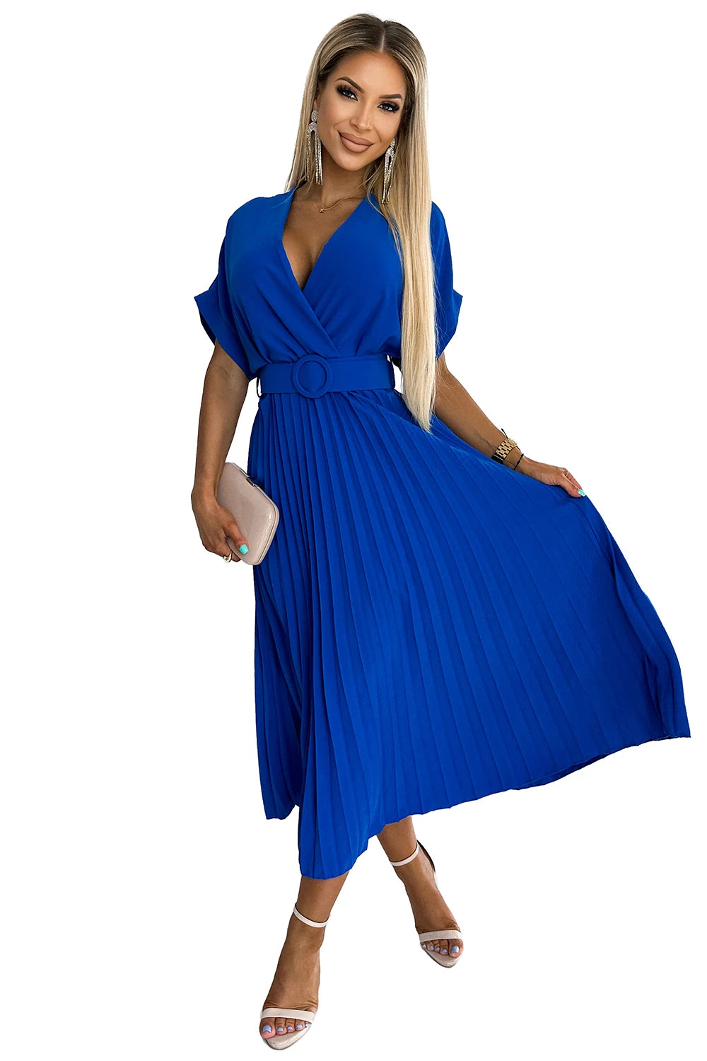 FELICIA Pleated midi dress with a neckline and a wide belt – Blue