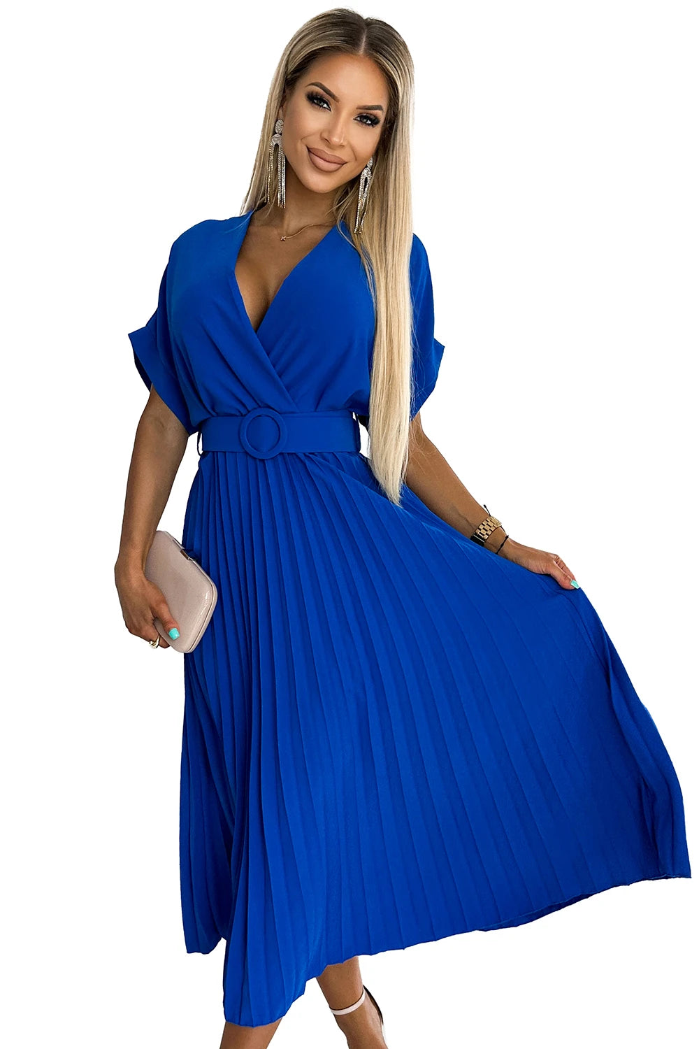 FELICIA Pleated midi dress with a neckline and a wide belt – Blue