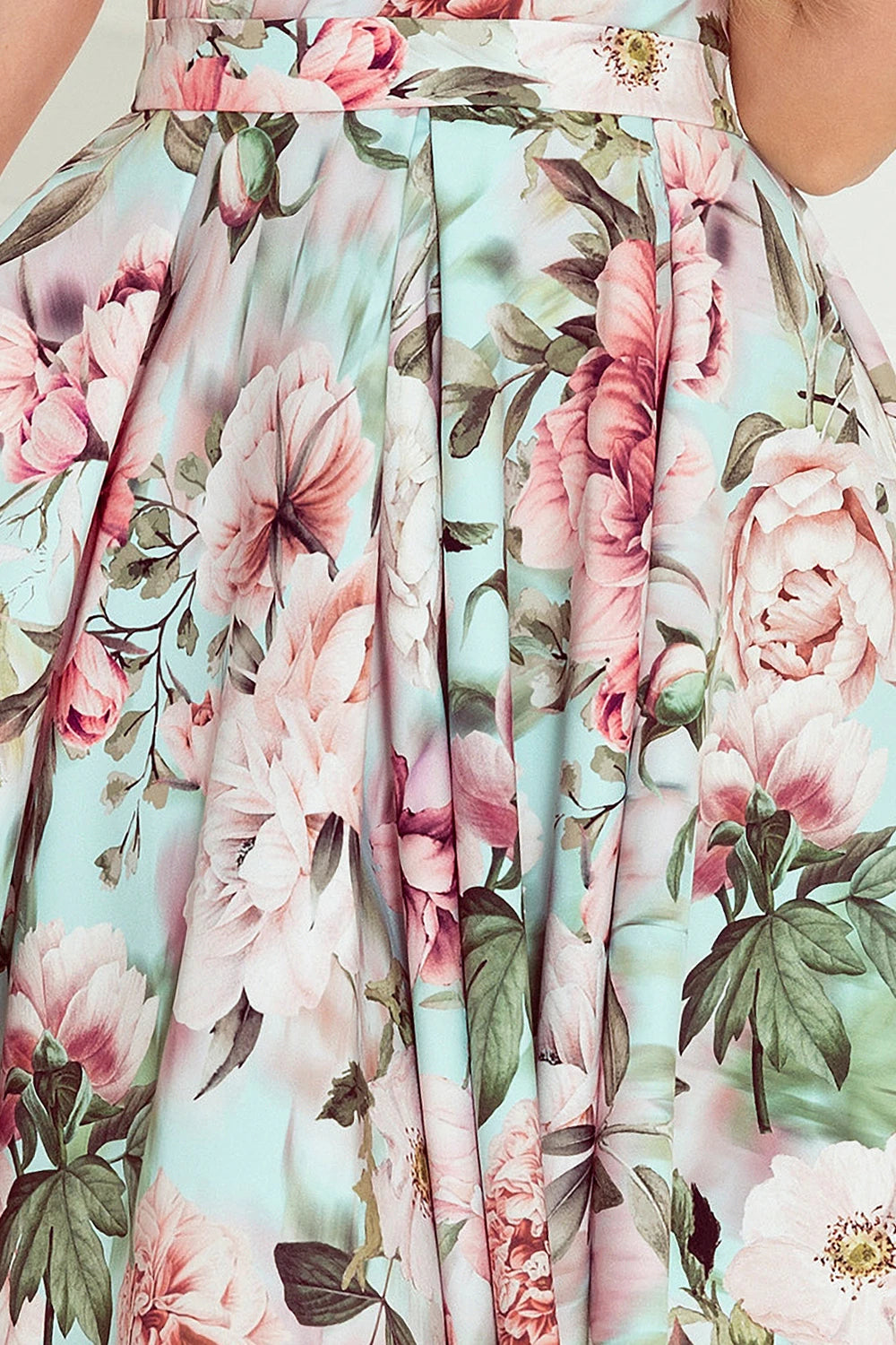 MAYA Dress with longer back, neckline and belt – Pink Flowers