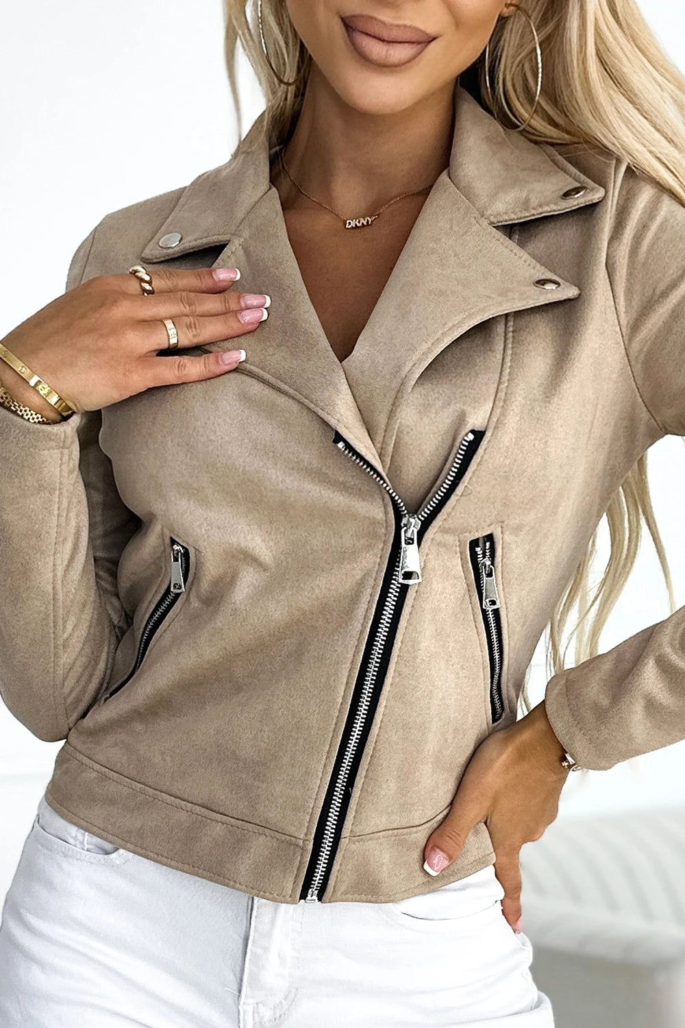 Long-sleeved suede jacket with zippers – Beige