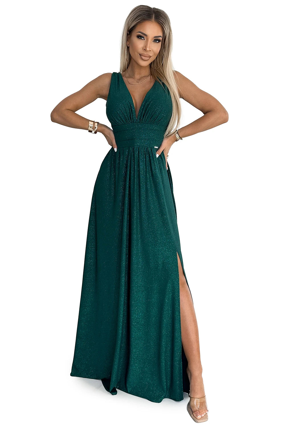 SUSAN Long brocade dress with a neckline and stitching at the waist – Green