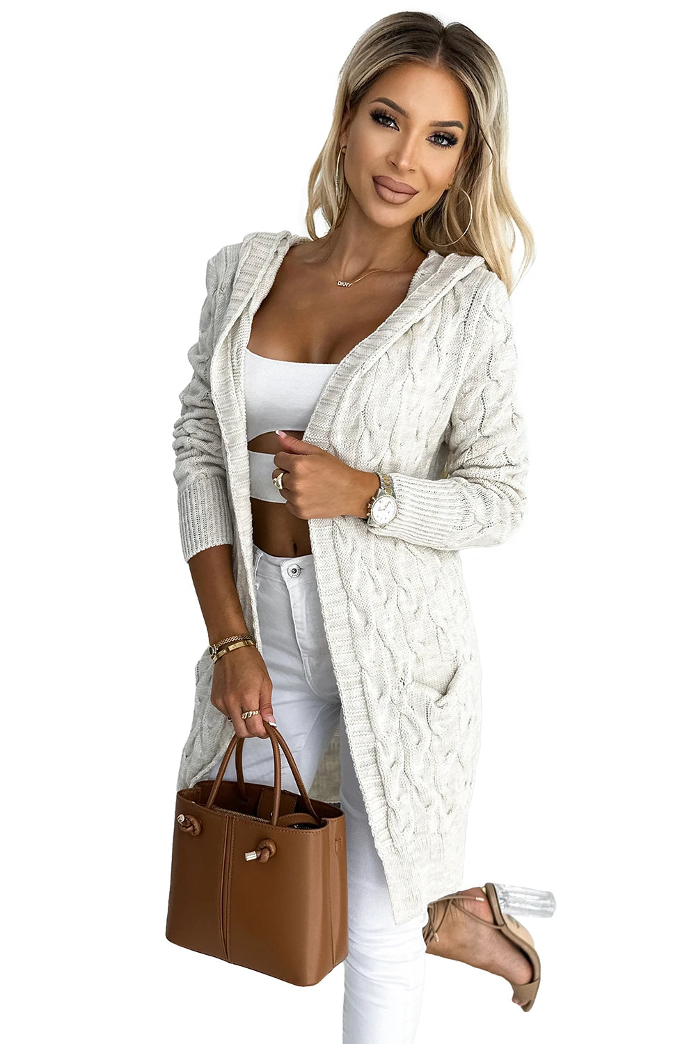 Cardigan – cape with a hood and pockets – Beige Braid