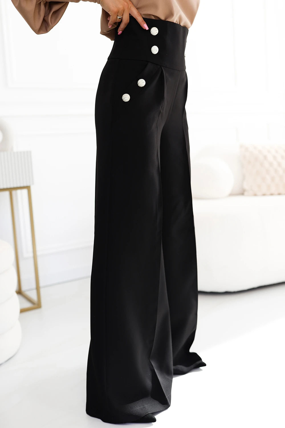 Elegant wide pants with high waist and golden buttons – Black