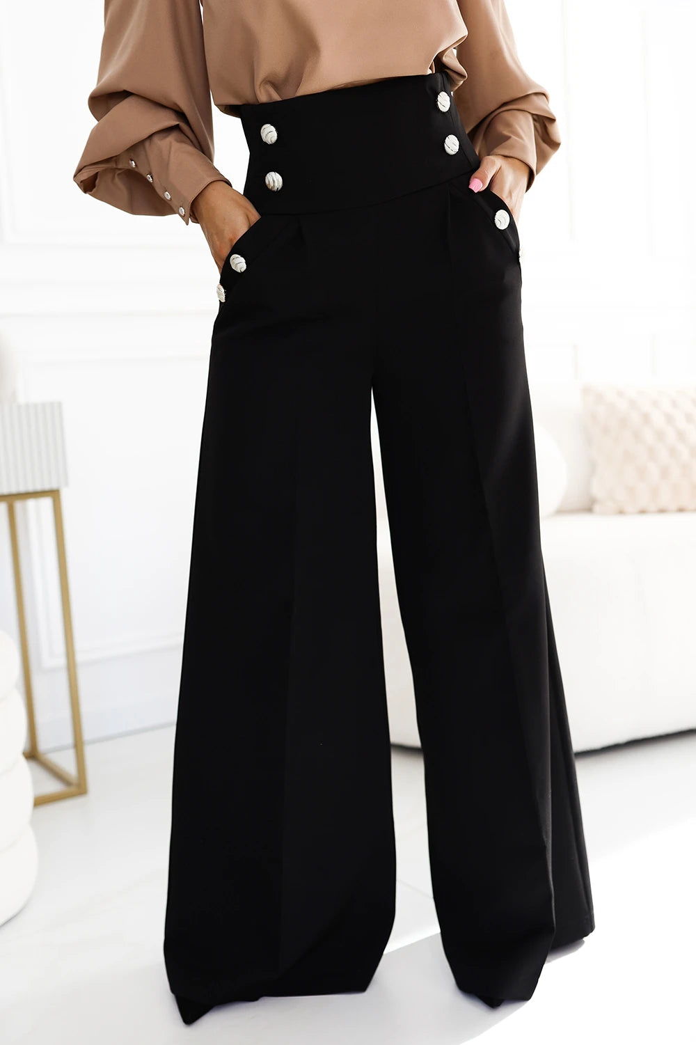 Elegant wide pants with high waist and golden buttons – Black