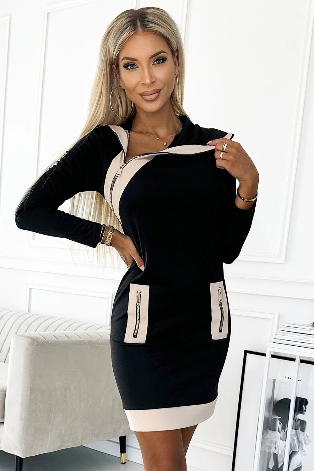 Two-color dress with three zippers – Black And Beige