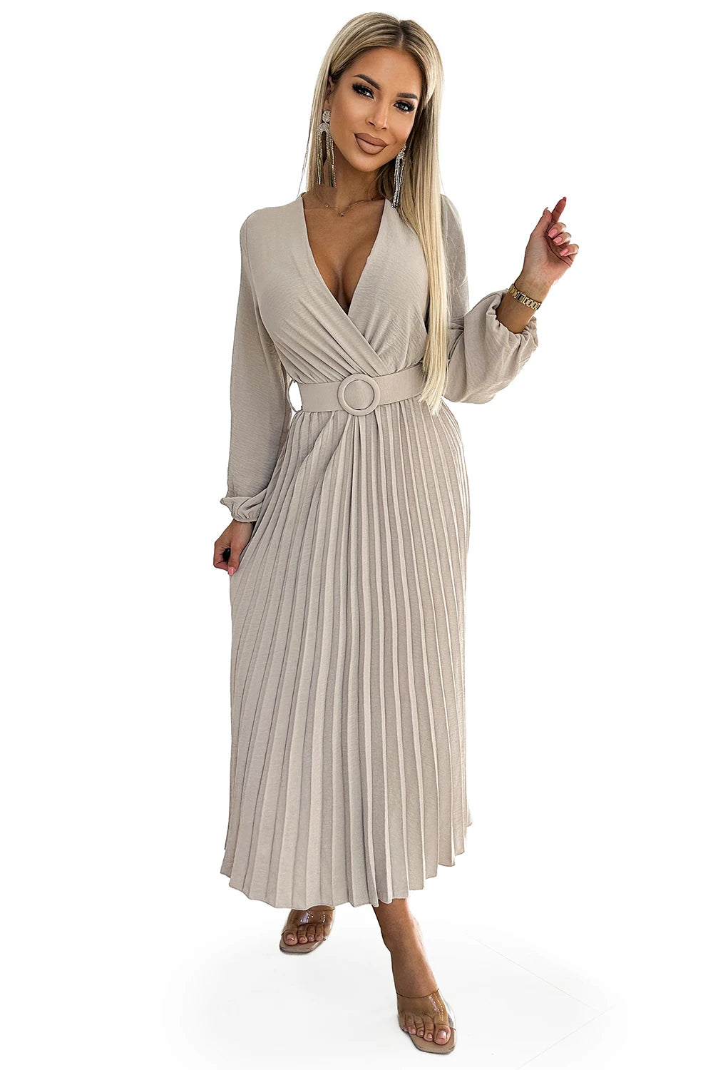 LIMITED VIVIANA Pleated midi dress with a neckline, long sleeves and a wide belt – Beige Colour