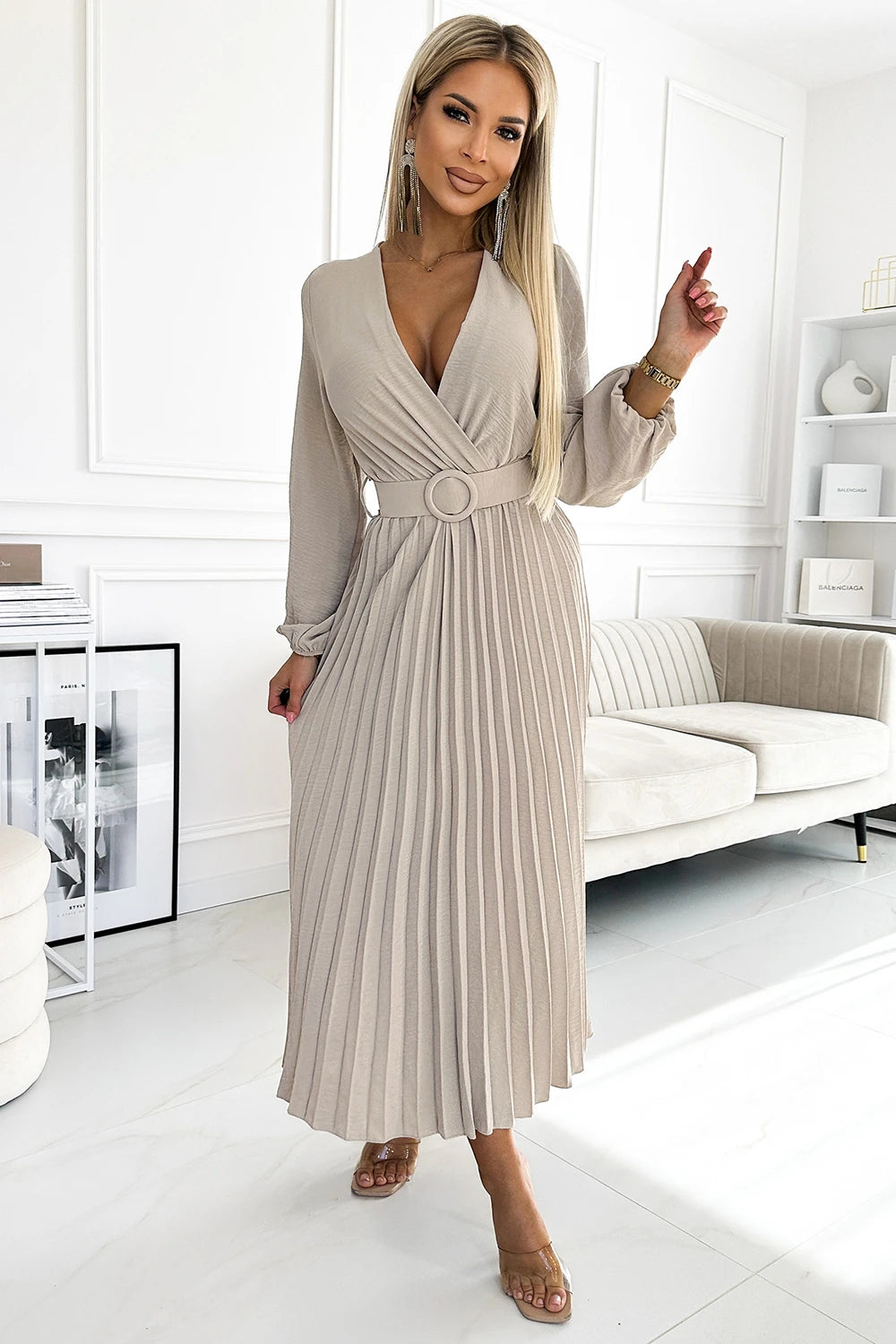 LIMITED VIVIANA Pleated midi dress with a neckline, long sleeves and a wide belt – Beige Colour