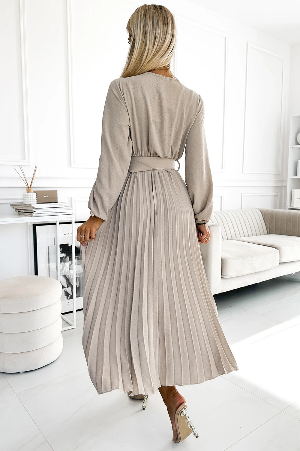 LIMITED VIVIANA Pleated midi dress with a neckline, long sleeves and a wide belt – Beige Colour
