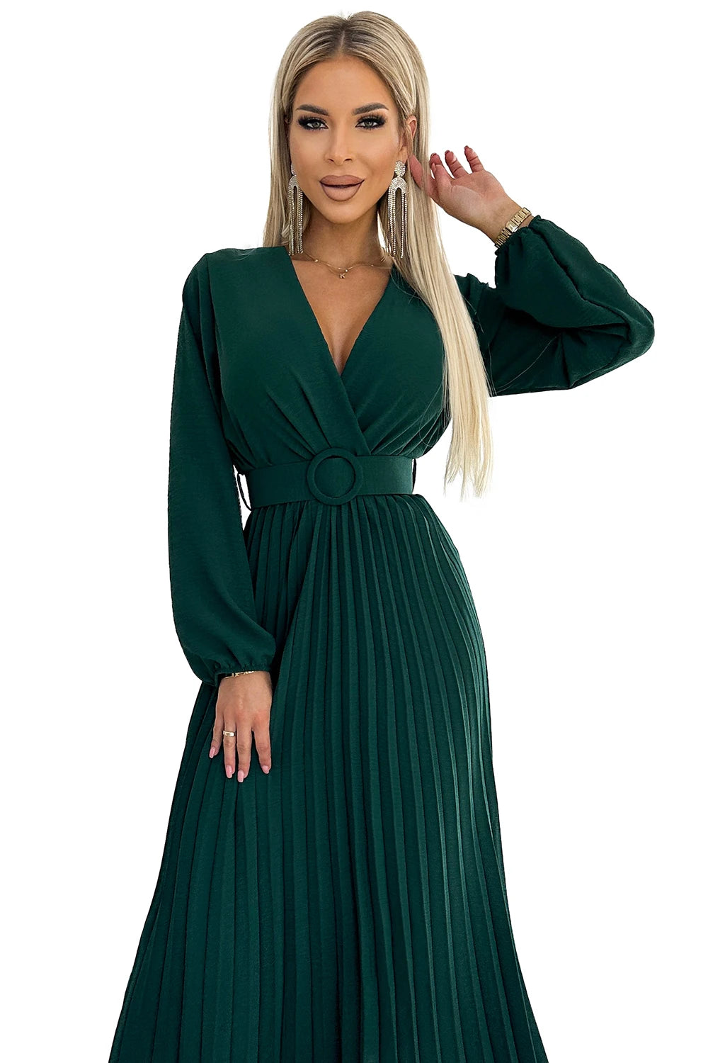 VIVIANA Pleated midi dress with a neckline, long sleeves and a wide belt – Green