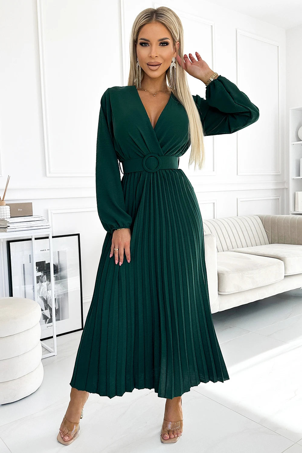 VIVIANA Pleated midi dress with a neckline, long sleeves and a wide belt – Green
