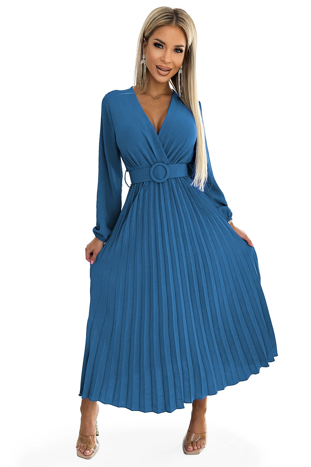 VIVIANA Pleated midi dress with a neckline, long sleeves and a wide belt – JEANS