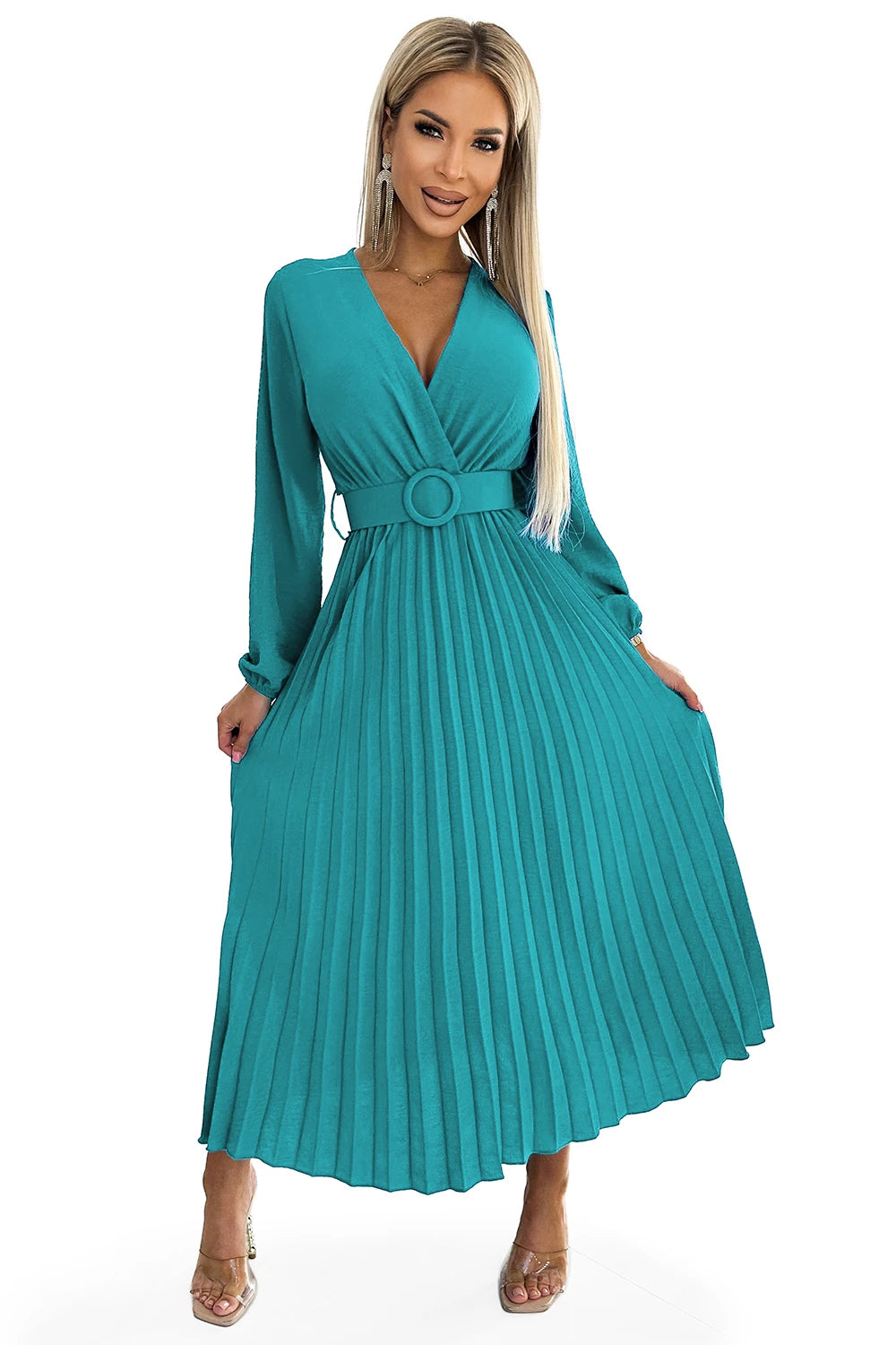 ANTRESOLA6P VIVIANA Pleated midi dress with a neckline, long sleeves and a wide belt – Sea color