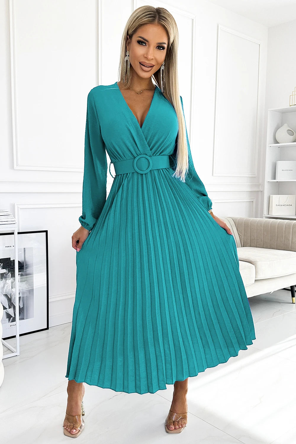 ANTRESOLA6P VIVIANA Pleated midi dress with a neckline, long sleeves and a wide belt – Sea color