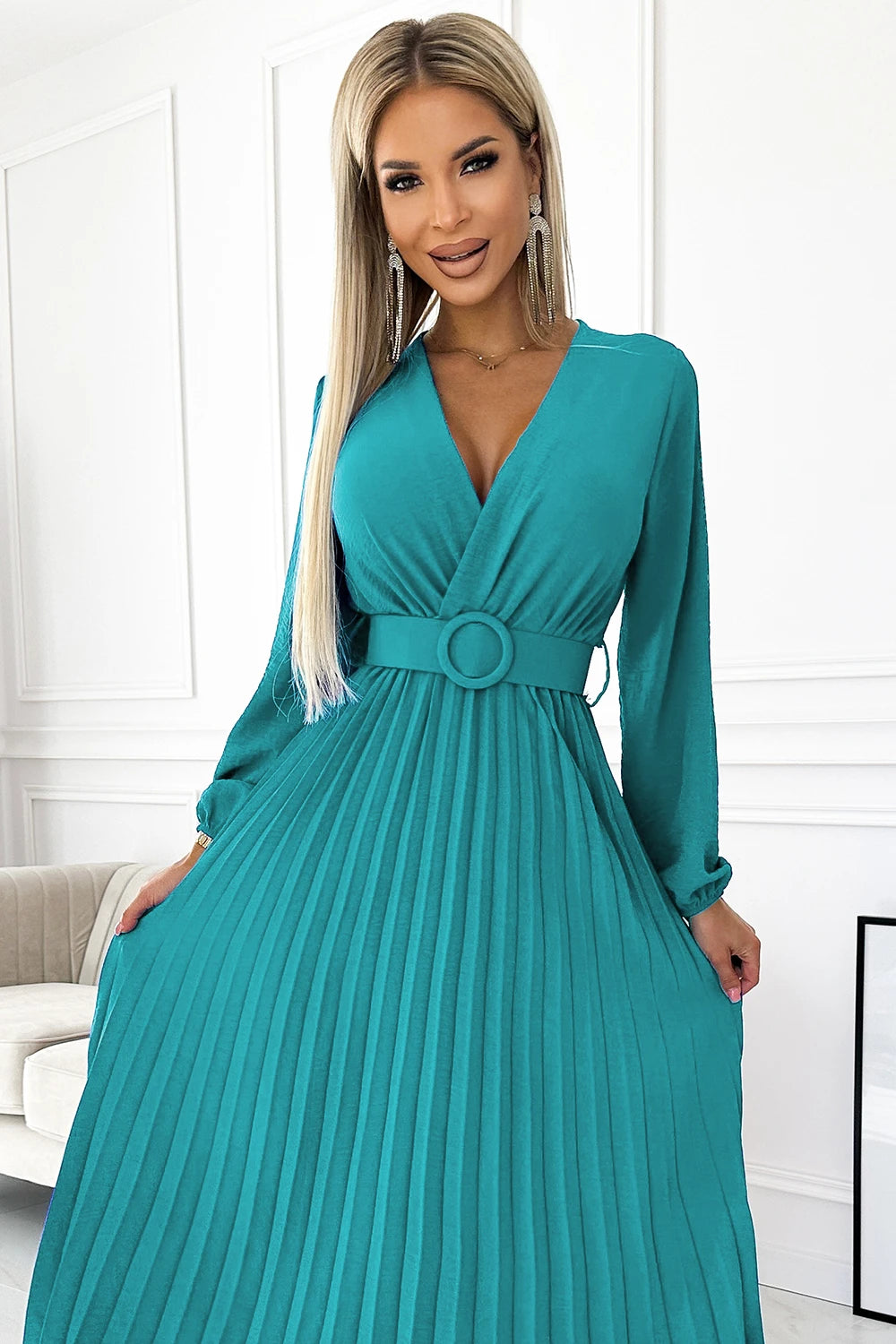 ANTRESOLA6P VIVIANA Pleated midi dress with a neckline, long sleeves and a wide belt – Sea color