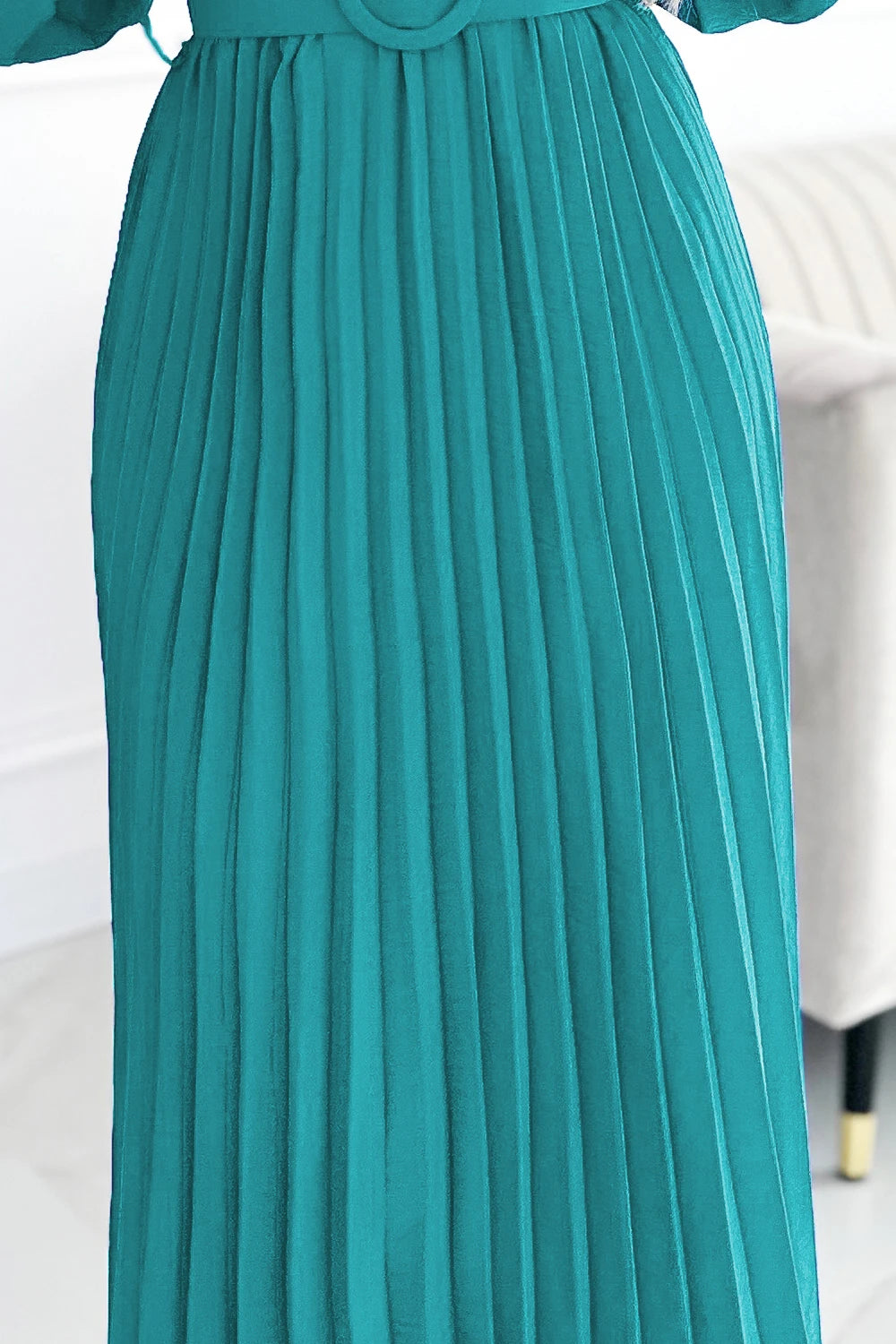 ANTRESOLA6P VIVIANA Pleated midi dress with a neckline, long sleeves and a wide belt – Sea color
