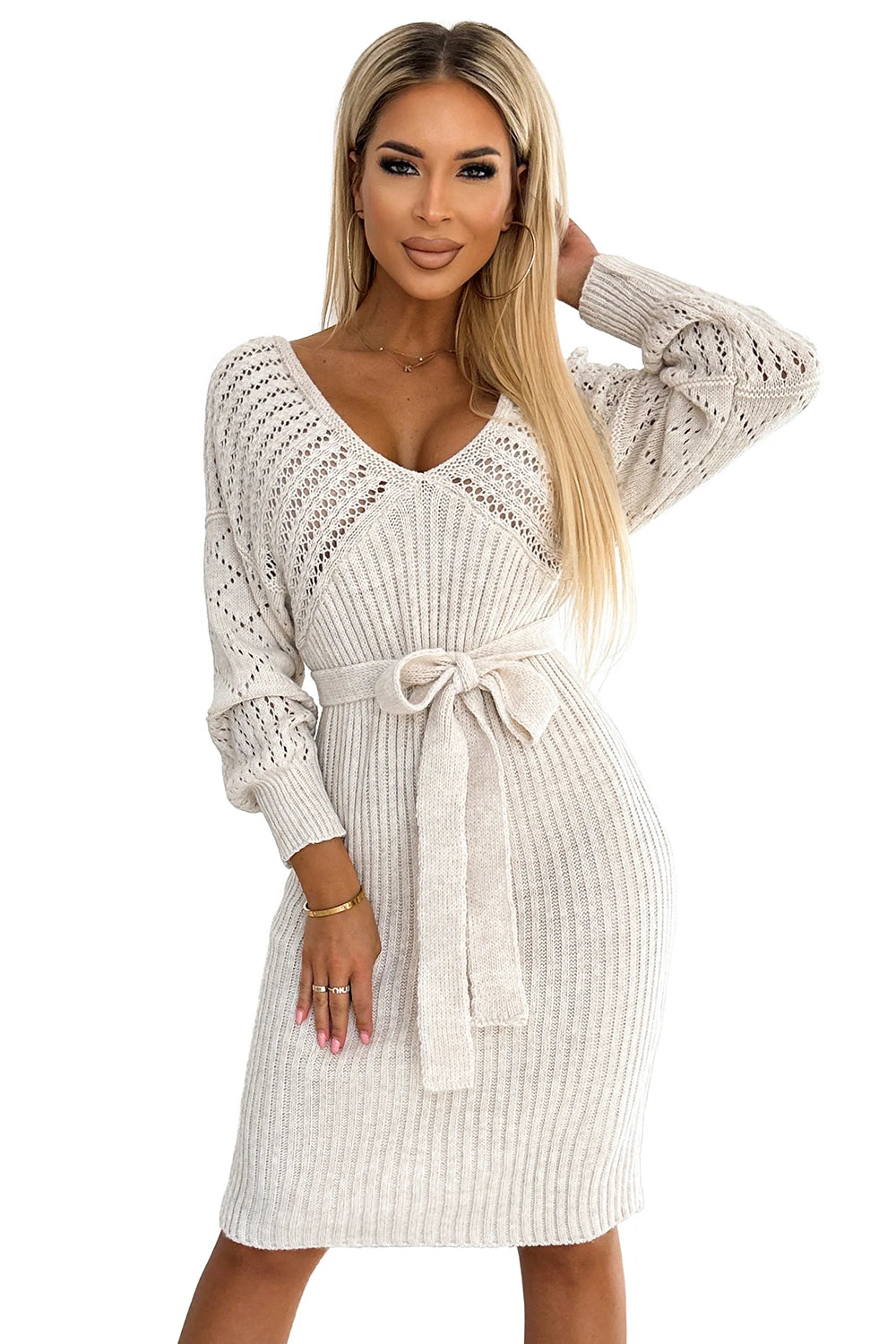 Openwork sweater dress with a neckline and ties – Beige