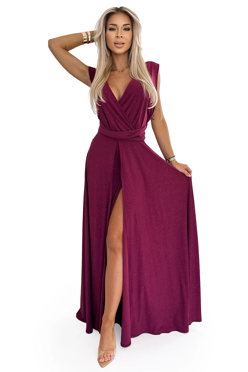 Elegant long dress tied in many ways – Burgundy With Glitter