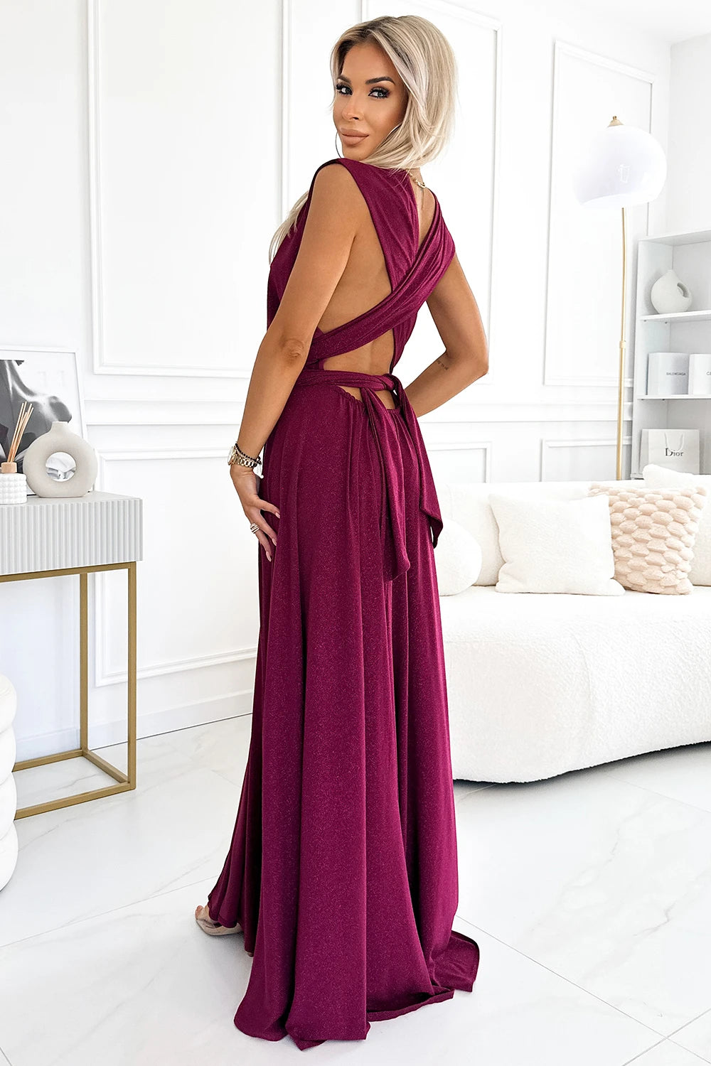 Elegant long dress tied in many ways – Burgundy With Glitter