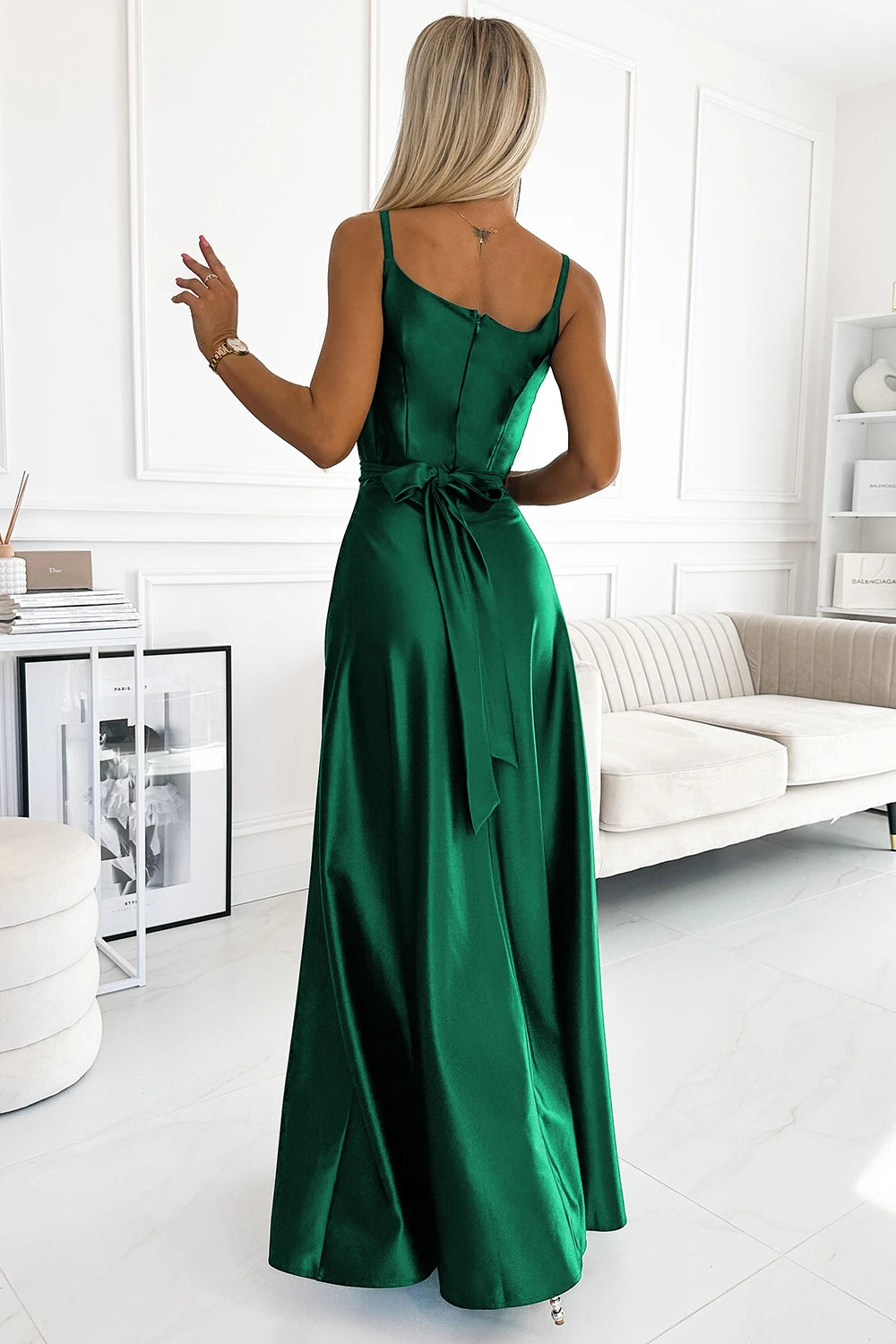 JULIET elegant long satin dress with a neckline – Green