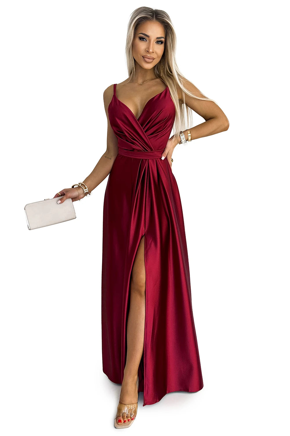 JULIET elegant long satin dress with a neckline and leg slit – Burgundy Color