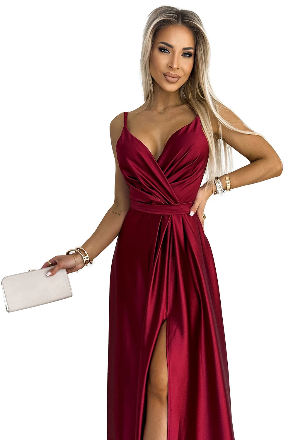 JULIET elegant long satin dress with a neckline and leg slit – Burgundy Color