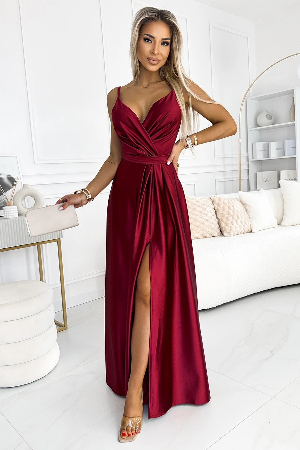 JULIET elegant long satin dress with a neckline and leg slit – Burgundy Color