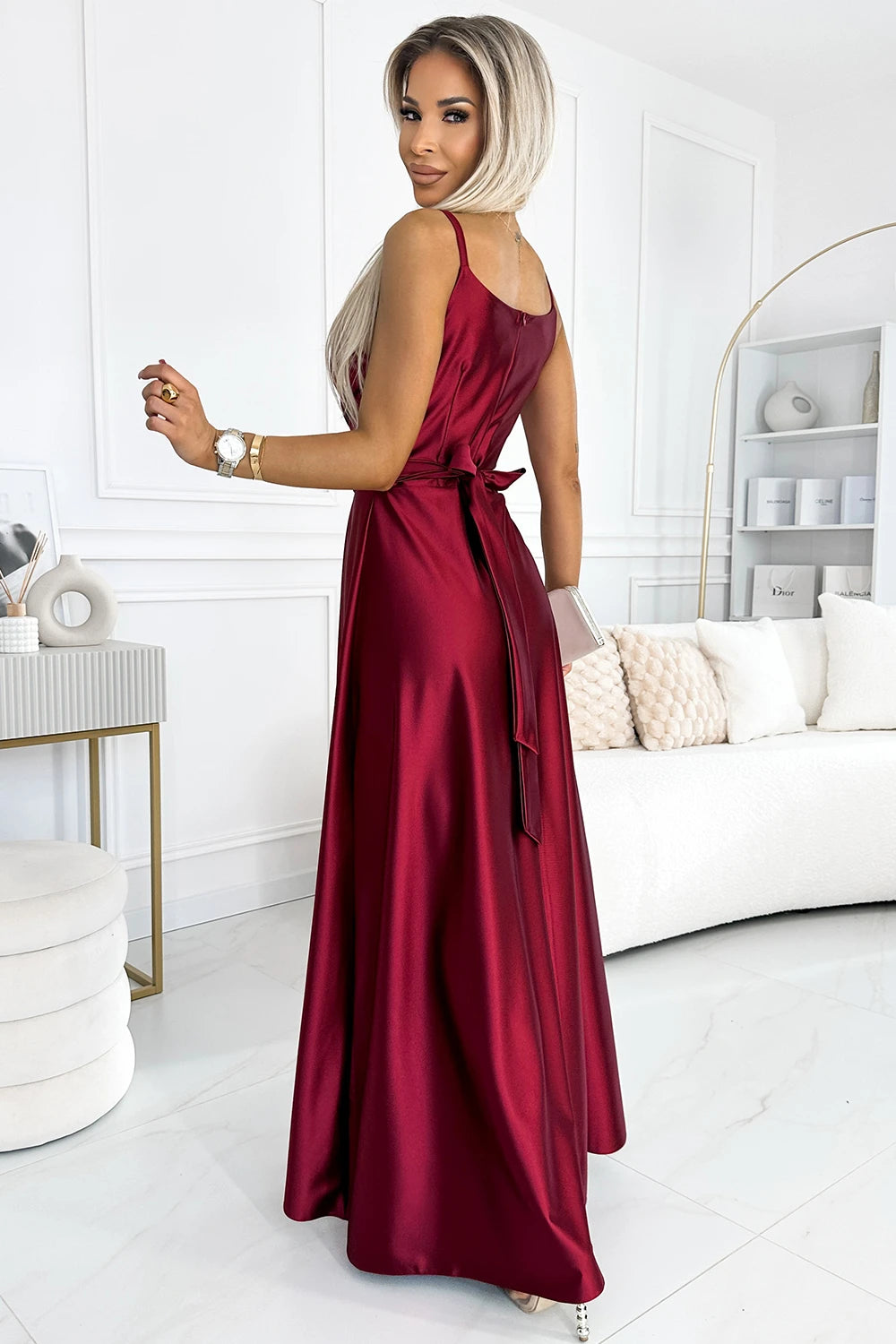 JULIET elegant long satin dress with a neckline and leg slit – Burgundy Color