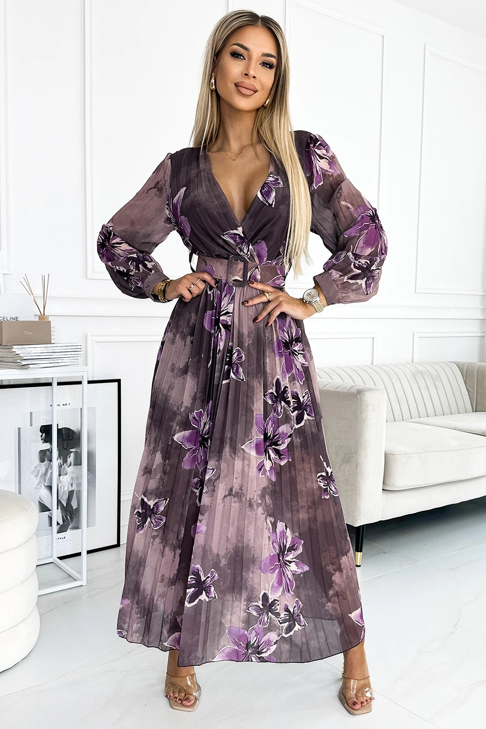 Pleated chiffon long dress with a neckline, long sleeves and a wide belt – Purple Large Flowers