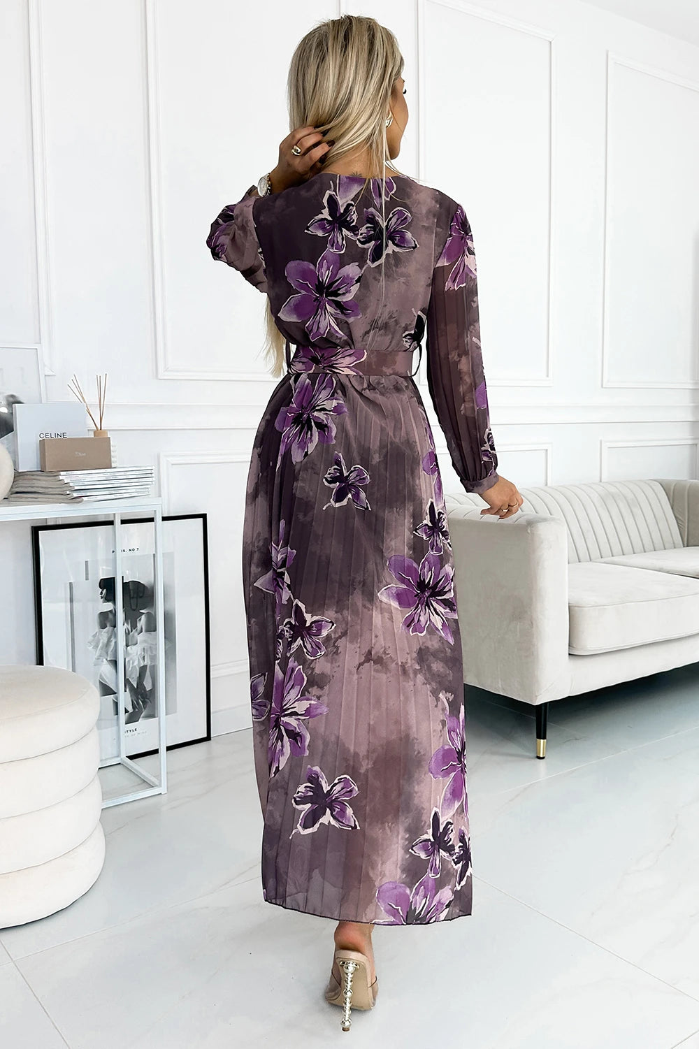 Pleated chiffon long dress with a neckline, long sleeves and a wide belt – Purple Large Flowers