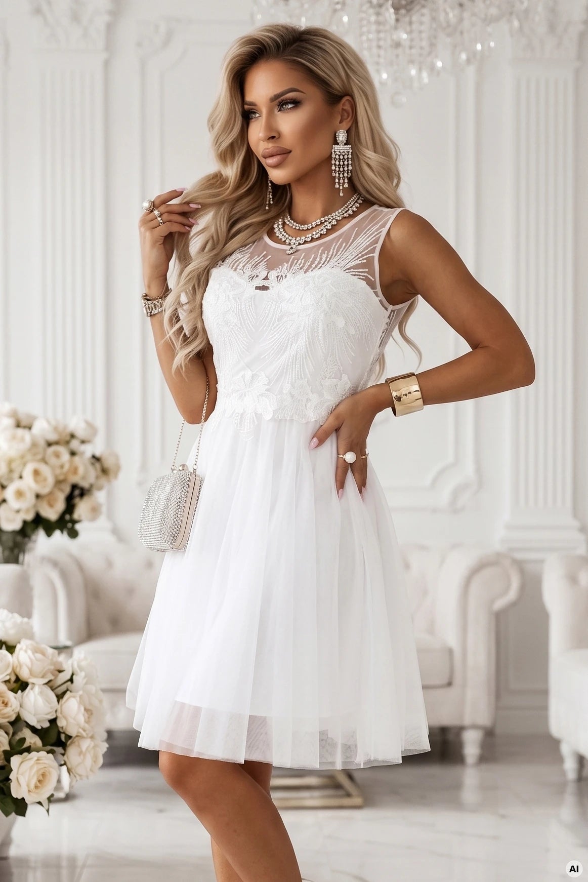 CATERINA Feminine dress with guipure lace and delicate tulle – White