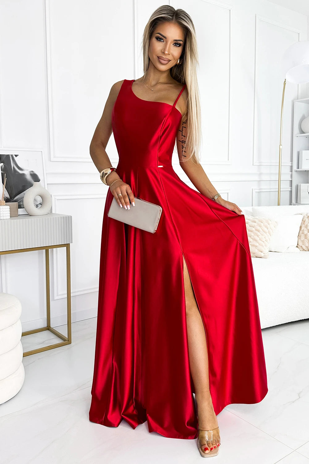 Long elegant satin one-shoulder dress – Red