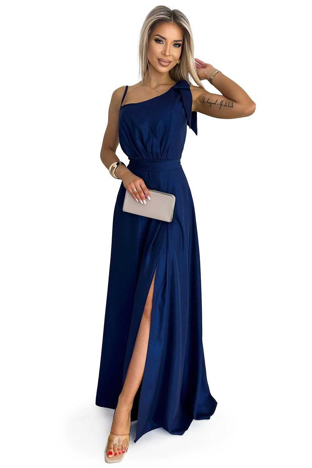Long shiny one-shoulder dress with a bow – Navy Blue