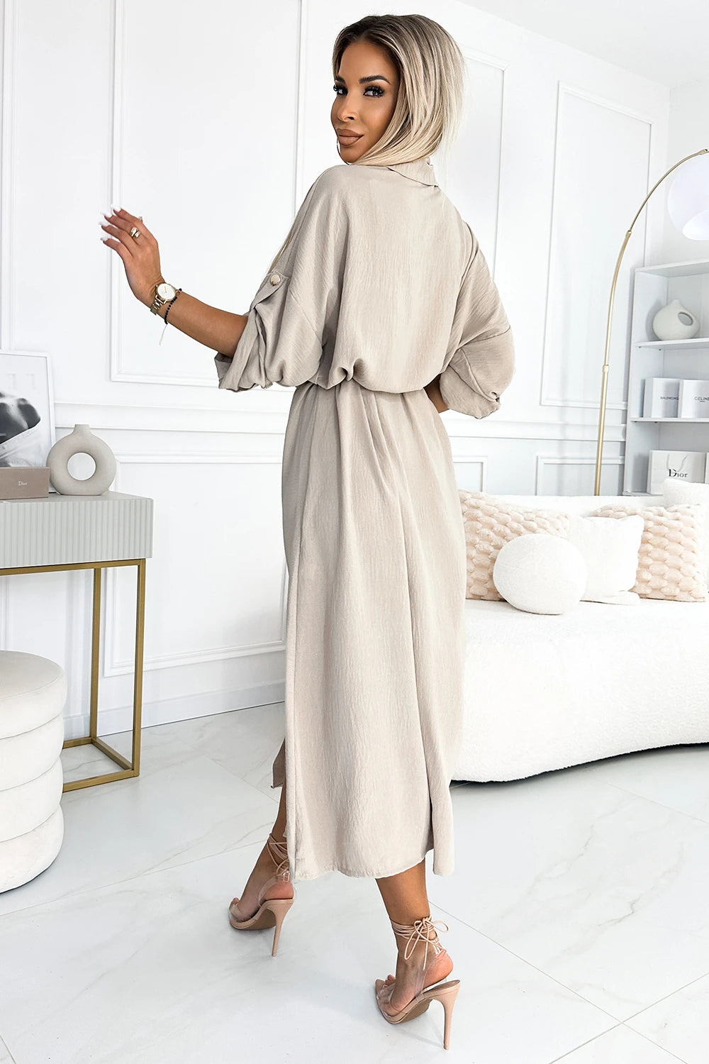 ANTRESOLA 4L Midi shirt dress with gold buttons and ties – Beige