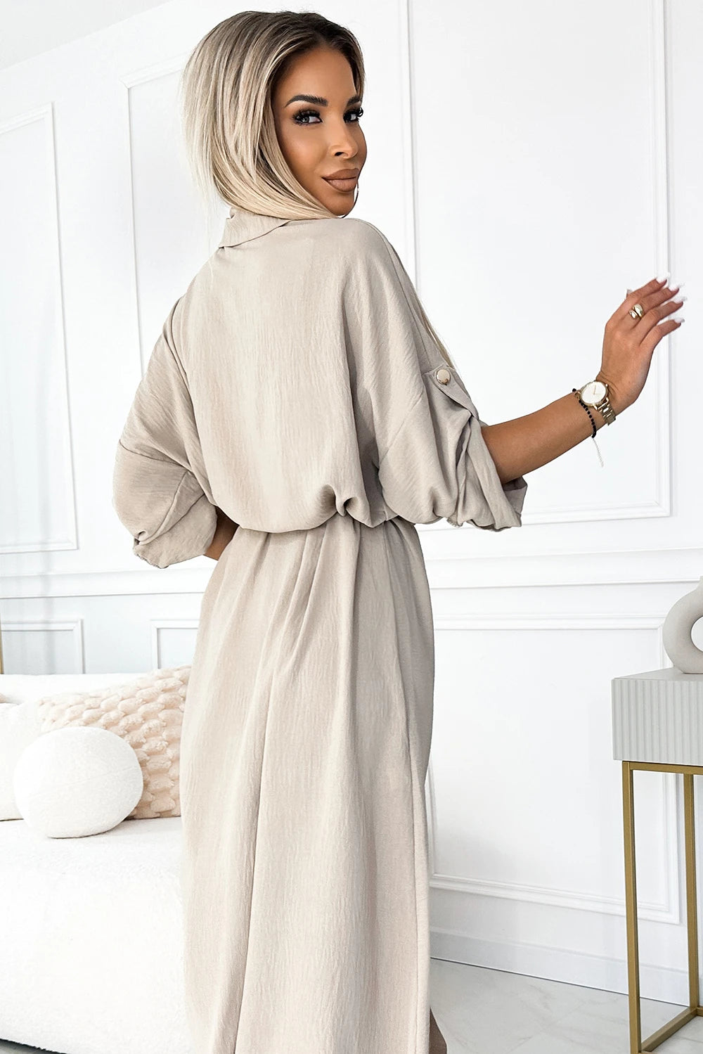 ANTRESOLA 4L Midi shirt dress with gold buttons and ties – Beige