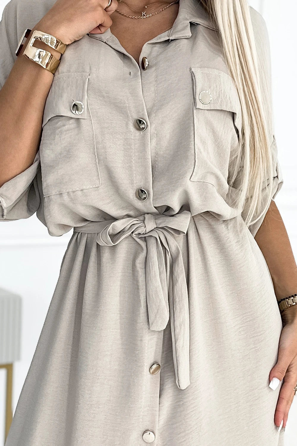 ANTRESOLA 4L Midi shirt dress with gold buttons and ties – Beige