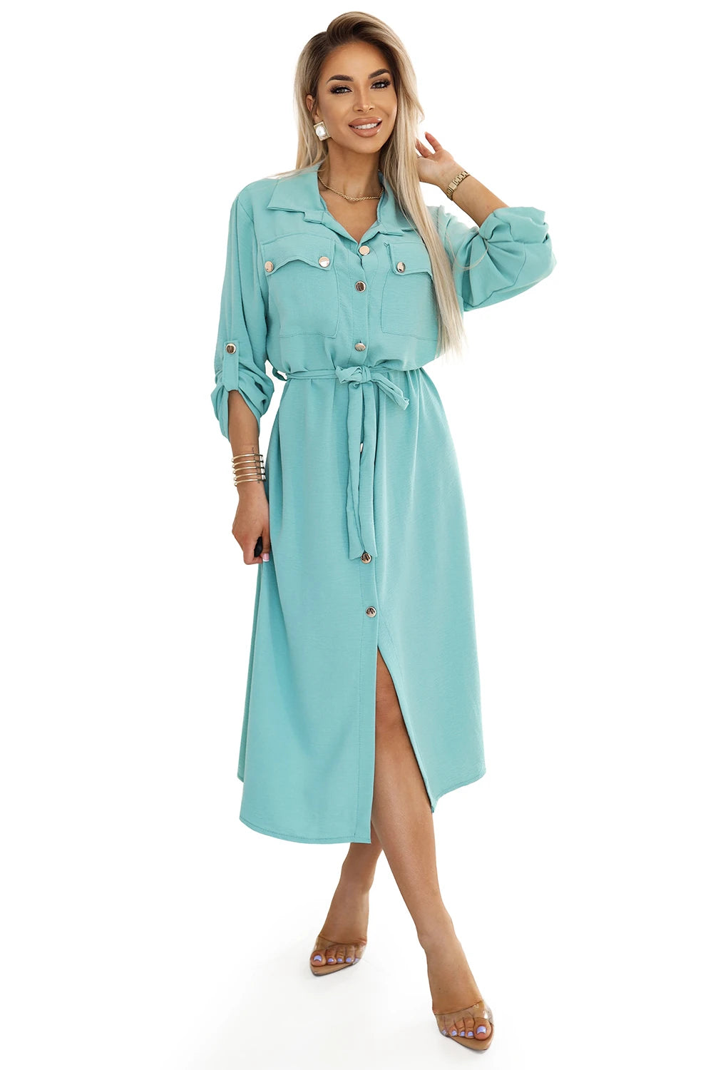 Midi shirt dress with gold buttons and ties – Mint