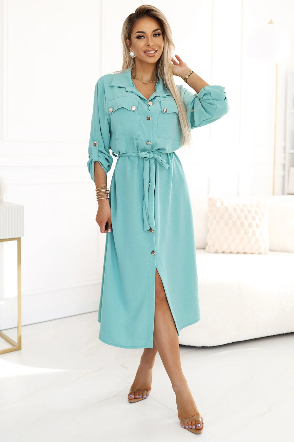 Midi shirt dress with gold buttons and ties – Mint