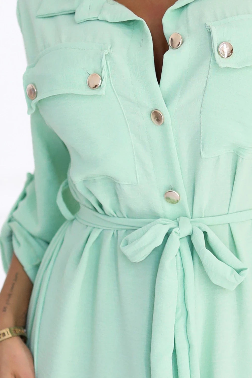 Antresola 4L Midi Shirt Dress with Gold Buttons and Tie – Light Mint