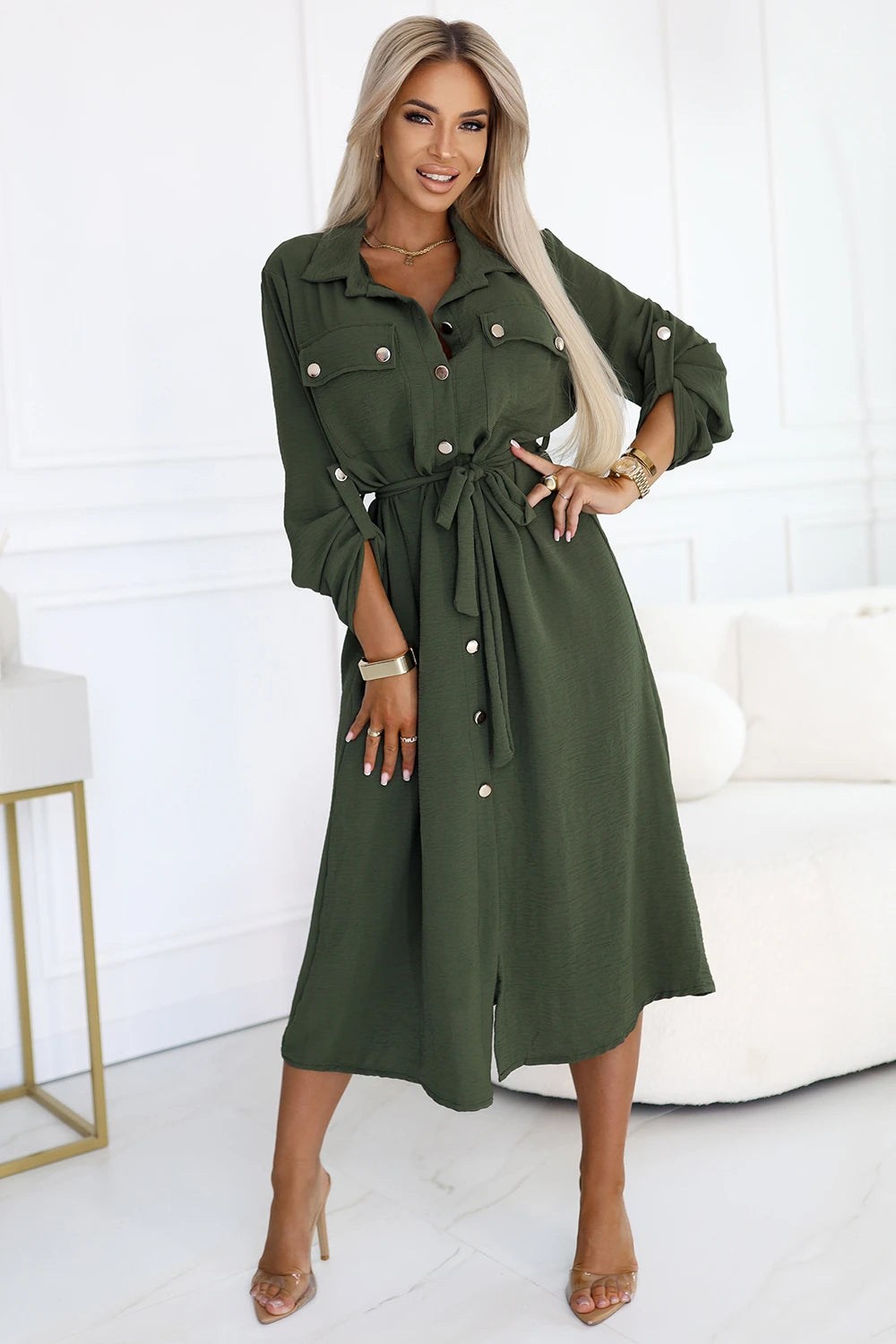 Midi Shirt Dress with Gold Buttons and Tie – KHAKI