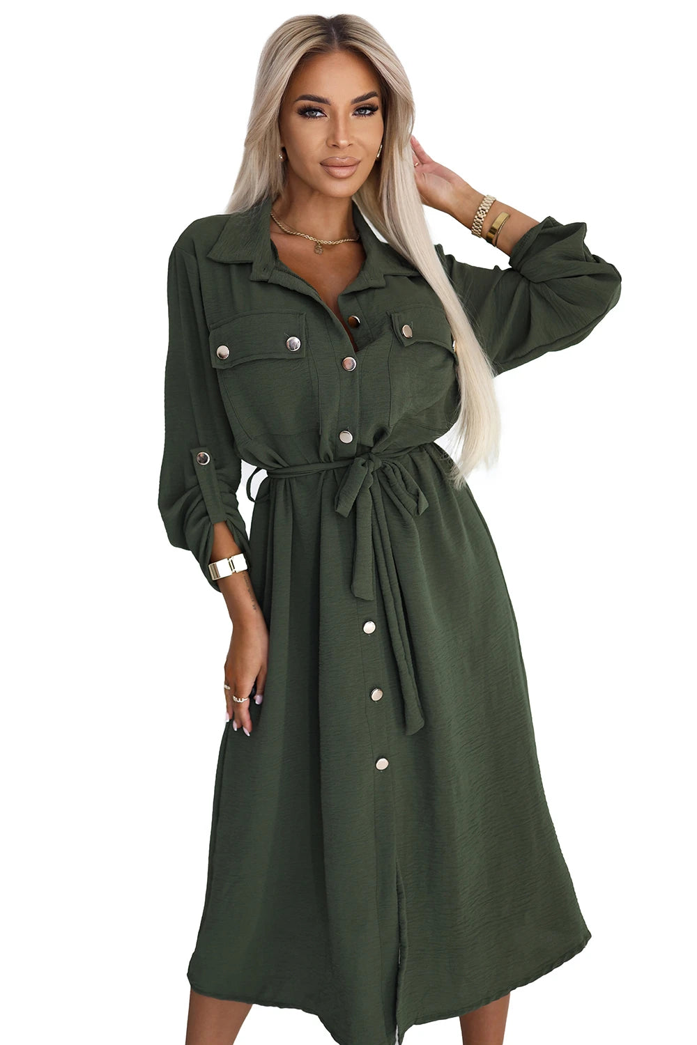 Midi Shirt Dress with Gold Buttons and Tie – KHAKI