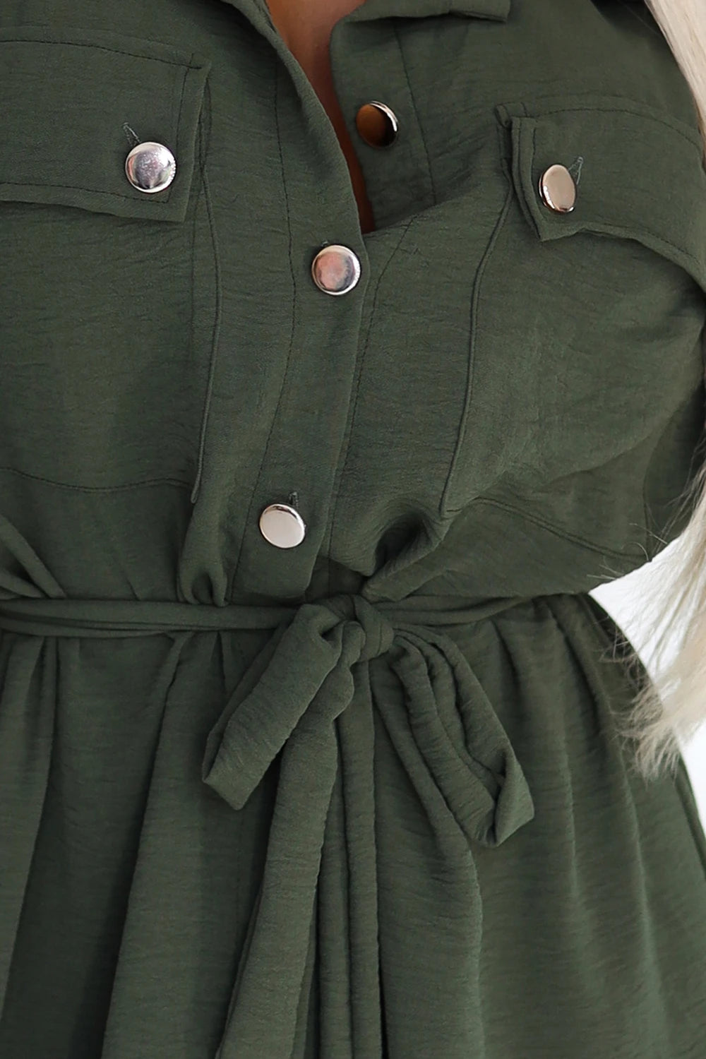 Midi Shirt Dress with Gold Buttons and Tie – KHAKI