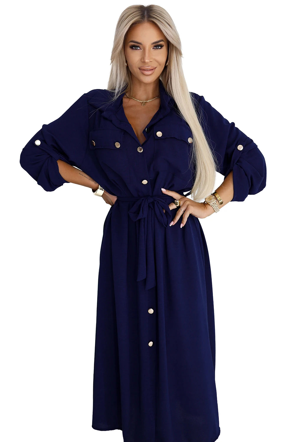 Midi Shirt Dress with Gold Buttons and Tie – Navy Blue